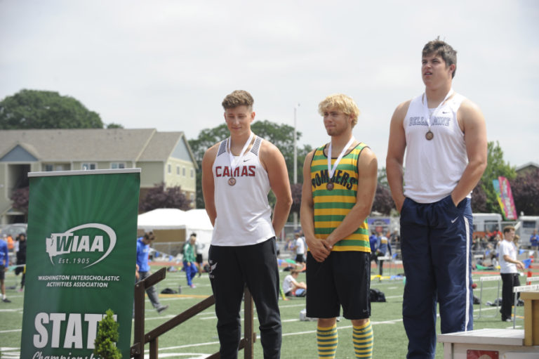 Camas High javelin thrower Matt Williams (left) is happy to be standing on the podium, but promises to move up to the No.
