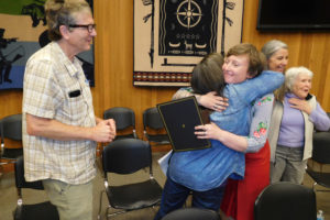 (Dawn Feldhaus/Post-Record)
Supporters of Alex Yost congratulate her after she was appointed to the Washougal City Council, Thursday, May 31. They include Dan and Kathy Huntington and Susan Warford — volunteers with Washougal Round Table — and Zilpha Haycox, Yost’s grandmother (from left to right).