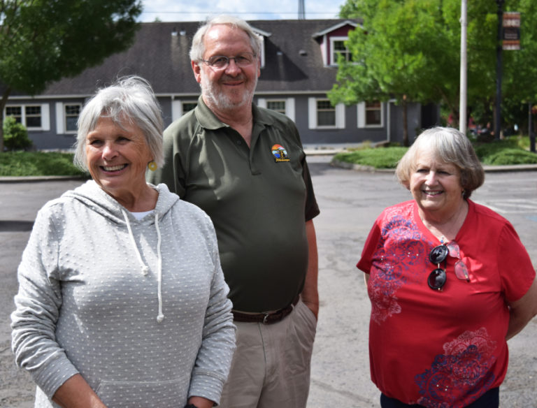 Joyce Lindsay, Washougal Arts and Culture Alliance (WACA), Washougal Councilman Paul Greenlee and Shirley Scott, Washougal Parks Board and WACA member attend an artists' reception to honor the 10 middle school students who painted new birdhouses now placed at Washougal city hall, Saturday, June 23.