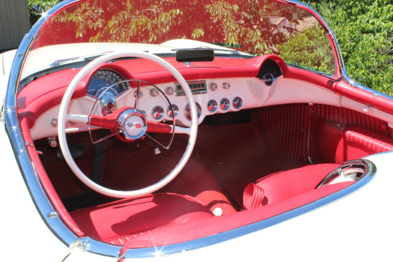 The interior of Steve Chaney's 1954 Chevy Corvette is decked out with all original details, down to the exact "Sportsman Red" interior with precise white stitching.