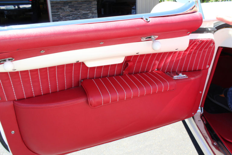 The interior of Steve Chaney's 1954 Chevy Corvette is decked out with all original details, down to the exact "Sportsman Red" interior with precise white stitching.