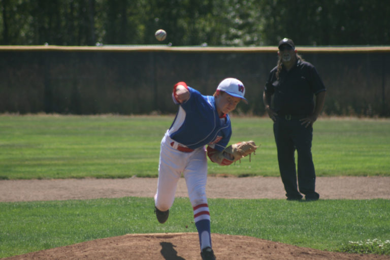Camas-Washougal Babe Ruth All-Star AJ Sorrells, 13, of Washougal, fires a pitch during a practice game at Hockinson High School, Sunday, July 8.