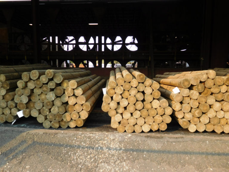 Round wood fence posts, stacked at Exterior Wood, Inc., in Washougal, will be pressure treated and sold to retail building supply centers throughout the Western United States and Canada.