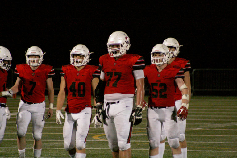 Camas High linemen had a tough game in the trenches against state football powerhouse Bellevue High, Sept. 21.