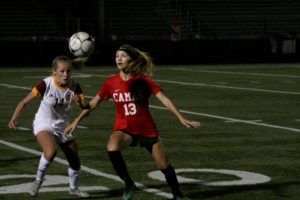 Camas senior Elizabeth Parker controls a long pass against Prairie High at Doc Harris Stadium in Camas, Tuesday, Sept. 18.