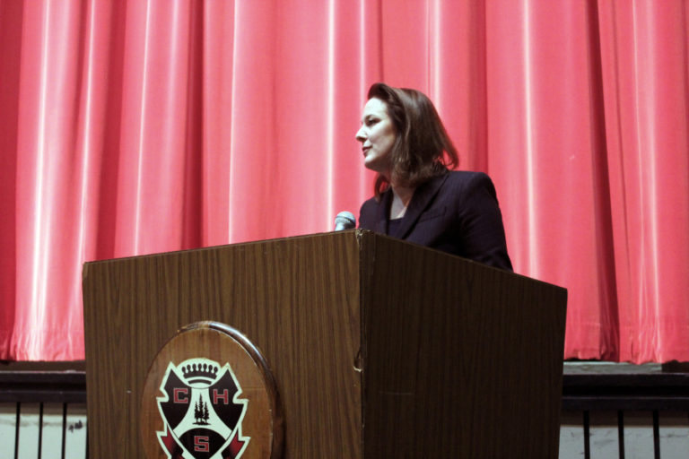 Democratic Congressional candidate Carolyn Long answers questions during the forum. Incumbent Rep.
