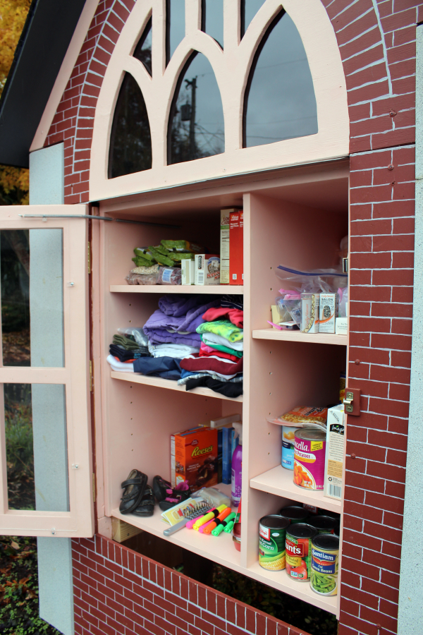 Community members have donated clothing, shoes, canned and boxed food and toiletries for neighbors in need at the Blessing Box located outside St.