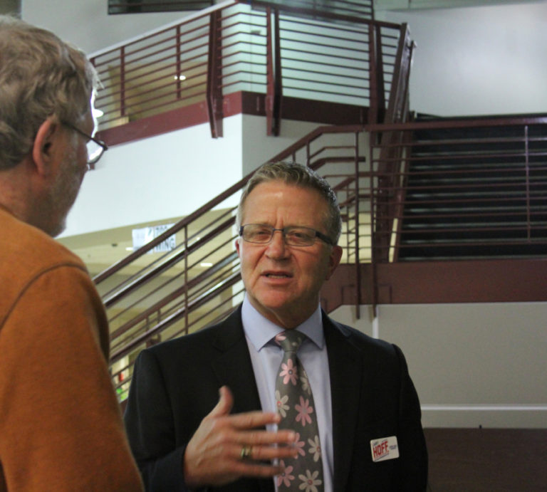 Larry Hoff speaks at an Oct. 22 candidate forum at Camas High School. Hoff, the Republican candidate, is winning the race for the 18th Legislative District, Position 2.