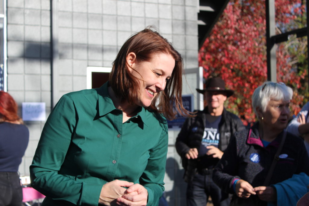 Democratic Congressional candidate Carolyn Long speaks to supporters at a 