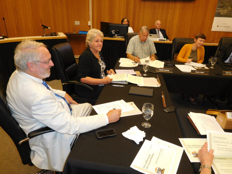 (Post-Record file photo)
Washougal Mayor Molly Coston listens to a councilmember during the Aug. 13, 2018 Washougal City Council workshop. General election results, released Tuesday, Nov. 6, show Proposition 8, which would change the city's form of government from mayor-council, or 'strong mayor,' to council-manager or 'strong council' is passing with 54.84 percent of the vote.
