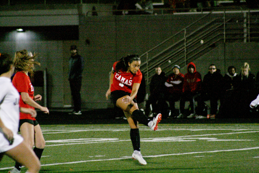 The Papermakers all time leading goal maker, Maddie Kemp fires a shot from long range against Jackson at Doc Harris Stadium on Wednesday, Nov. 7.  This was the play that forced Kemp to leave the game with a reinjured hamstring. (Photos by Wayne Havrelly/Post-Record)