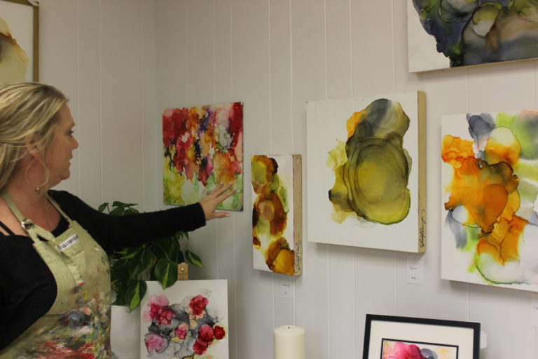 Camas artist Heidi Jo Curley shows her series of alcohol ink paintings, which use a method of moving ink without using a paintbrush.