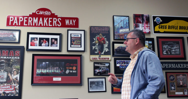 Longtime Camas Mayor Scott Higgins, pictured here in his Camas office in front of his many "Papermakers' Pride" signs, announced his unexpected resignation from office in June 2018, nearly 18 months before his term was set to end.