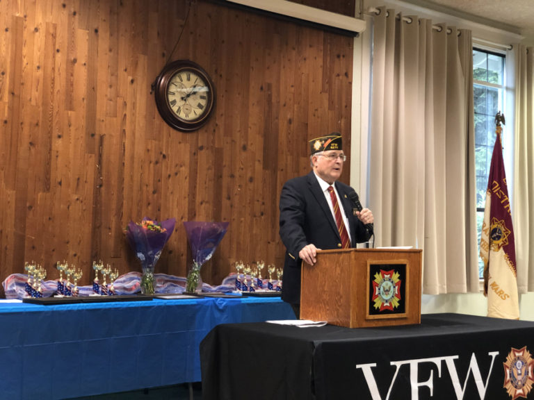 Veterans of Foreign Wars Department of Washington District 6 Chairman Bob Hitchcock, of Camas, greets the students and teachers who received the State Junior essay, &#039;Patriot&#039;s Pen,&#039; &#039;Voice of Democracy&#039; and &#039;Teacher of the Year&#039; awards.