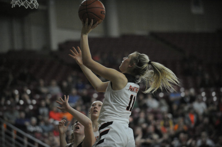 Junior McKinley Stotts makes a layup in the state championship title game.  Stotts finished the season second on the team in field goal percentage at 45 percent.