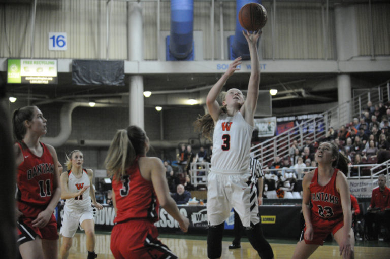Freshman Savea Mansfield makes a floating layup against Clarkston in the semi-final game.  A first cousin to the Bea s, Mansfield's tough defense earned her a starting spot on the team during the playoffs.