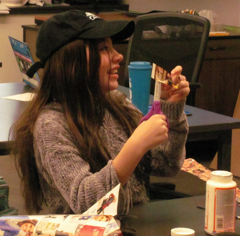 Tessa Gloudeman-Taft works on a project during a Class 8 session held as part of Washougal Youth Arts Month on March 7 at Jemtegaard Middle School.