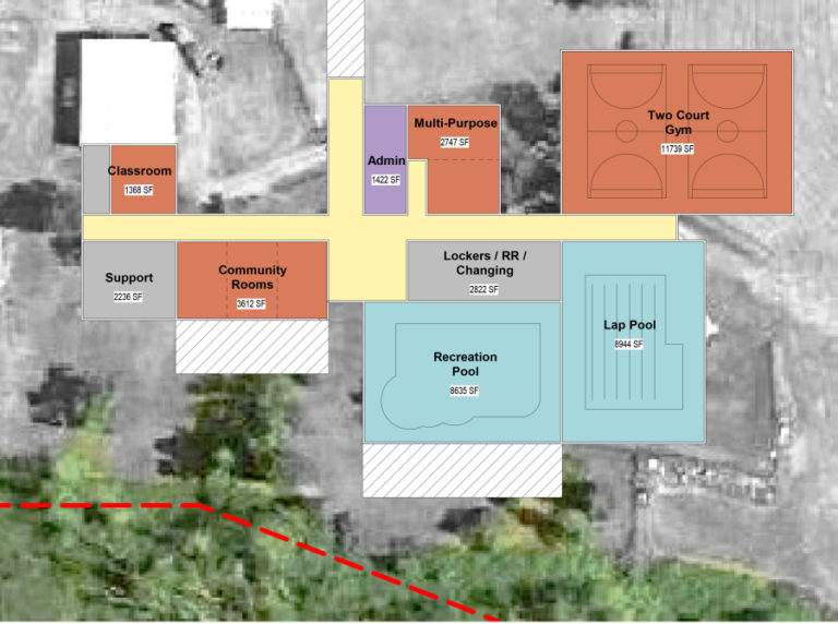 A rendering of what a joint Camas-Washougal community center might include. The Camas-Washougal Community Center Advisory Committee has come up with a four-phase option, which would begin with the recreation pool, locker rooms, administration area and a multi-purpose room and work up to the image pictured here. Camas officials, however, may opt to &quot;go it alone,&quot; and ask voters to back a Camas-based community center bond in the November general election.