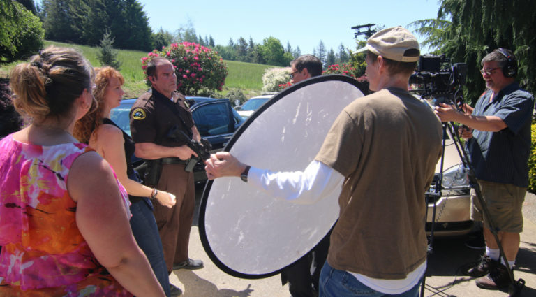 "A Murder of Innocence" director Shawn Justice (right) films a scene from the Christian thriller, based on a true story, in Southwest Washington.