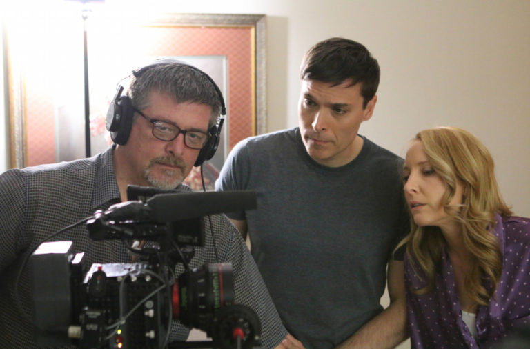 Director Shawn Justice, of Vancouver, (left) works on his film, "A Murder of Innocence," with the film's stars, Rachel MacMillan (right), who plays Aimee Anderson, and Frank Chiesurin (center), who plays Pastor Albert Anderson in the Christian-themed thriller.