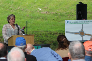 Washougal Mayor Molly Coston speaks at a May 23 groundbreaking ceremony for two traffic roundabouts being constructed on state route 14 at Washougal River Road and 32nd Street in Washougal. 