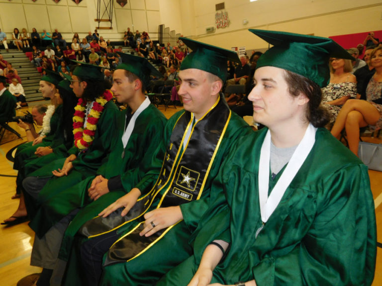 The Camas High School class of 2018 graduates send their caps flying in celebration of their achievement on June 15, 2018.
