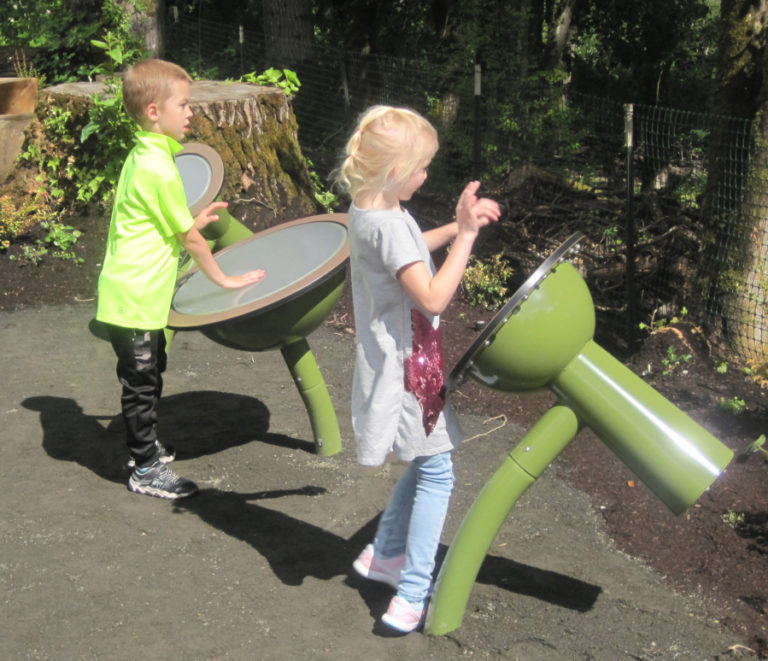 The new natural play area at the Washougal Riverfront Park and Trail includes drums (left) and a xylophone.