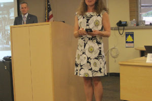 Helen Baller Elementary School teacher Amy Campbell speaks during a March Camas School District school board meeting. Campbell has been selected as the Education Service District 112's "teacher of the year." (Doug Flanagan/Post-Record)
