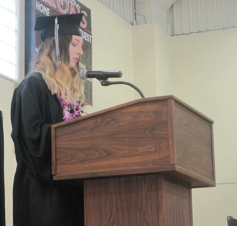 (Photo by Doug Flanagan/Post-Record)
Hayes Freedom High School class of 2019 graduate Darian Holmes speaks Saturday, June 15, during her high school’s graduation ceremony.                