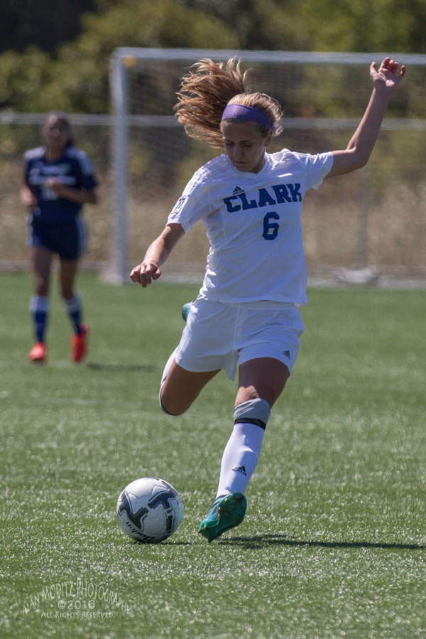 Ellie Schmid, of Washougal, plays for the Clark College women&#039;s soccer team in 2016. (Courtesy of Washougal High School Ellie Schmid poses for a photo shoot for Washougal High School in 2015.