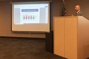 Jason McEathron, the Camas School District's director of business services, reviews the 2019-20 proposed school district budget at a Camas school board workshop on Monday, July 22. (Kelly Moyer/Post-Record)