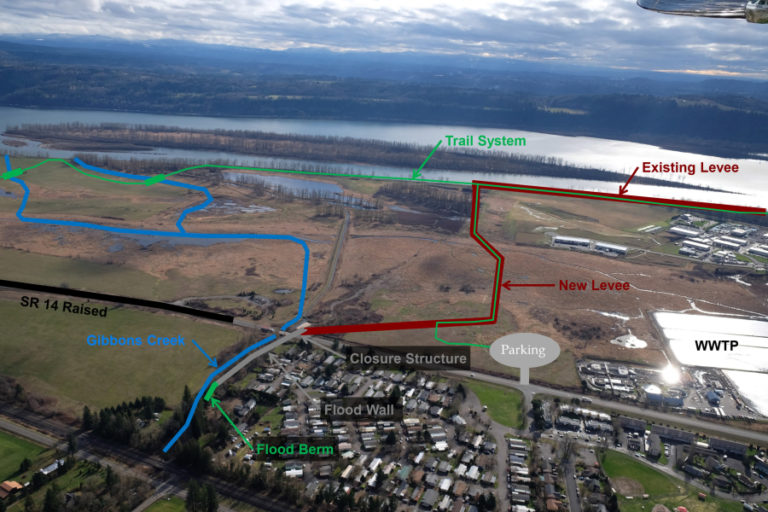 A concept design for the Steigerwald Floodplain Restoration Project, which will reconfigure the Port of Camas-Washougal&#039;s existing Columbia River levee system to reduce flood risk, reconnect 960 acres of Columbia River floodplain and increase recreation opportunities at the Steigerwald Lake National Wildlife Refuge.
