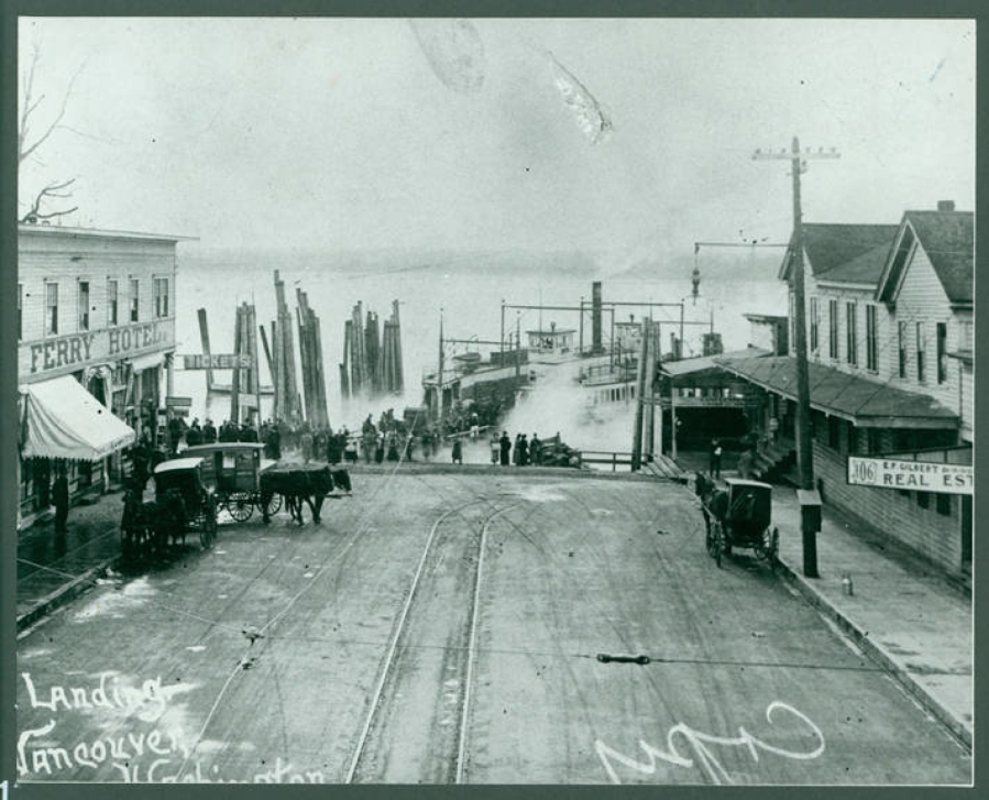 A ferry lands at the Port of Vancouver at the turn of the 20th century. The Clark County Historical Museum will hold a public reception for its newest exhibit, "Currents of Progress: Clark County Rivers, Roads and Ports," at 5 p.m. Thursday, Sept. 5. (Contributed photo courtesy of Clark County Historical Museum)