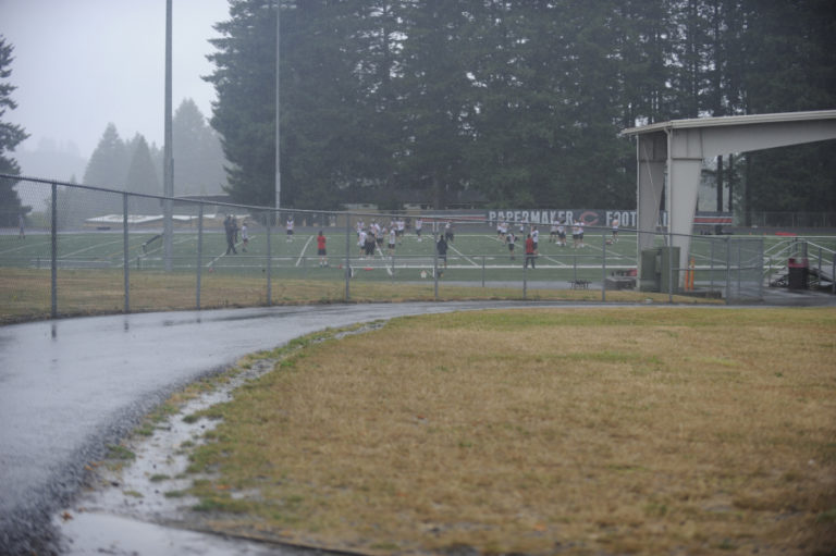 The rains were intense during the first day of practice for the Camas football team on Tuesday, Aug.