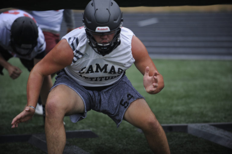 Camas High School senior lineman Caadyn Stephen brings intensity to the opening day of football practice on Aug.