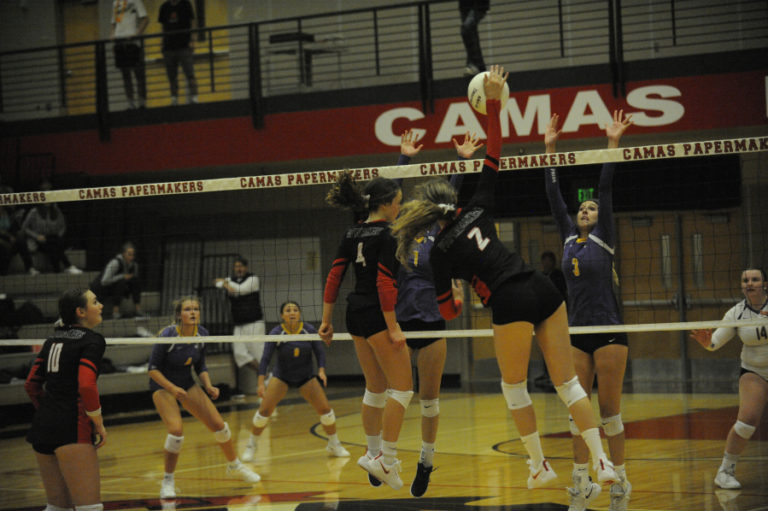 Camas High School senior Kate Golb attempts a kill against Columbia River High School on Sept. 10.