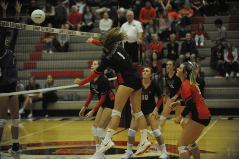 Camas High School senior Emma Villaluz may only 5-foot-5, but she put her power and jumping ability on dispaly against Columbia River High School on Sept. 10.