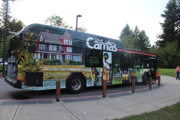 A C-TRAN bus highlighting the city of Camas (pictured) on one side, the Camas lily on the back and the Camas School District on another side sits outside the Lacamas Lake Lodge during the 2019 Camas State of the Community address on Sept. 19, 2019.