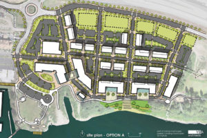 Option A has a roadway that follows a trail along the Columbia River; a cove, left in its natural state; and buildings across from the trail designed to create offsets for seating areas in restaurants and shops and provide protection from the elements.