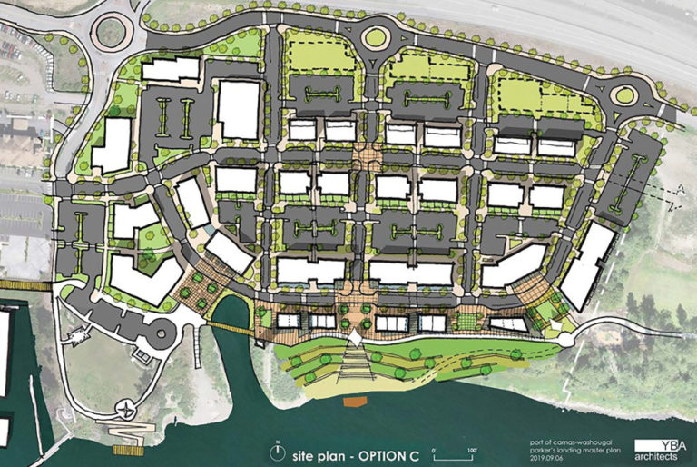 The Port of Camas-Washougal's Option C for its waterfront development has a roadway set back to allow buildings with restaurants and shops to sit adjacent to the trail; a street that acts as an interior connector and secondary "main street;" a cove that allows for a potential pedestrian bridge; and a riverbank with the potential for a floating stage.