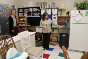 Family Promise of Clark County Director Linda Winnett stands inside the day center at St. Thomas Aquinas Catholic Church in Camas on Sept. 26. Families experiencing homelessness enrolled in the Family Promise program stay at local partner churches at night, then have access to the day center's computer, phones, laundry facilities, showers and more during the daytime.