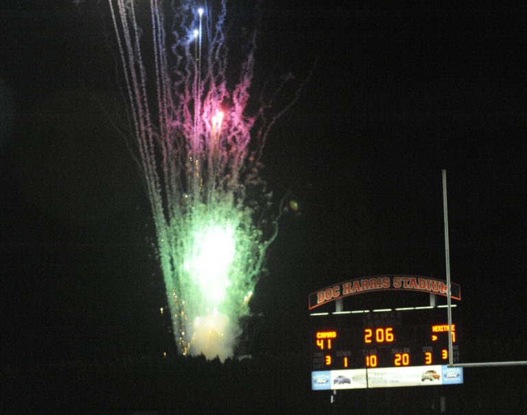 Fireworks light up the sky at halftime during the Camas High School football team's 65-7 homecoming win over Heritage High School on Friday, Oct. 4.