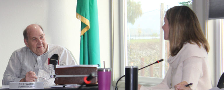 Port of Camas-Washougal commissioner Bill Ward (left) talks with Port director of operations Kim Noah during an Oct. 22 meeting in Washougal.
