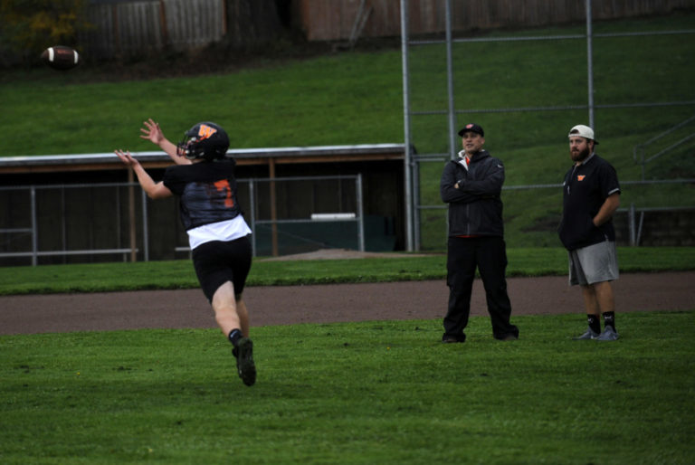 Washougal High School senior Jakob Davis catches a pass during a recent practice session. Davis caught three touchdown passes in the Panthers&#039; 40-7 win against Mark Morris High School on Oct. 18.