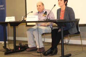 Bill Ward (left) and Cassi Marshall, candidates for the Port of Camas-Washougal's No. 2 commissioner position, speak at the Clark County League of Women Voters candidate forum the Camas Public Library on Oct. 23. (Doug Flanagan/Post-Record)