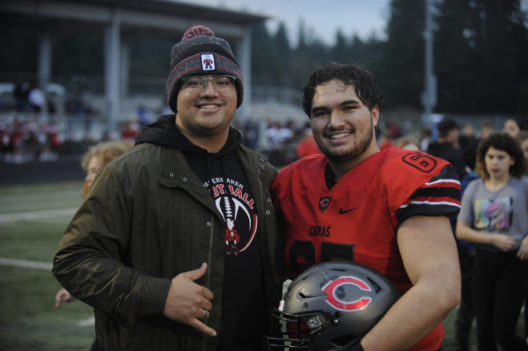 Camas High School alum T.J. Tumanuvao, a member of the Papermakers' 2016 state championship football team, traveled from Utah to watch his brother Tai play in a 4A state tournament first-round game Nov. 16.