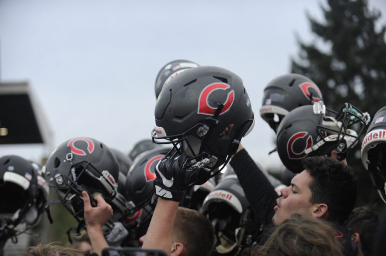 Caadyn Stephen celebrates with his teammates following the Papermakers win over Mount Si at McKenzie Stadium in Vancouver on Nov. 30.
