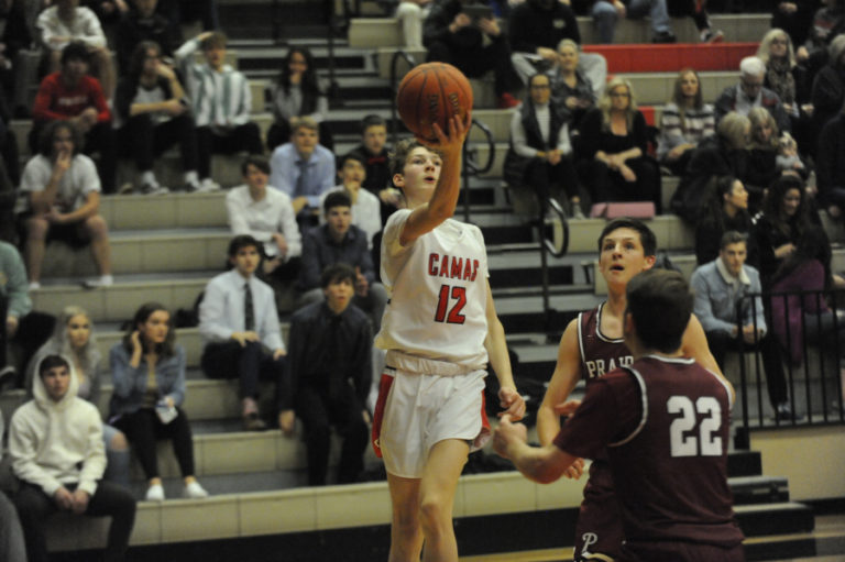 Camas High School junior Kyan Thompson makes a finger-roll layup against Prairie High School on Dec. 5.