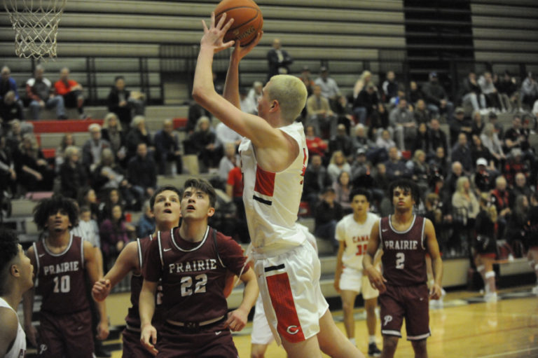 Wayne Havrelly/Post-Record
Camas High School junior forward Chase Muro rises for floating jump shot in the Papermakers' home opener against Prairie High School on Dec. 5.