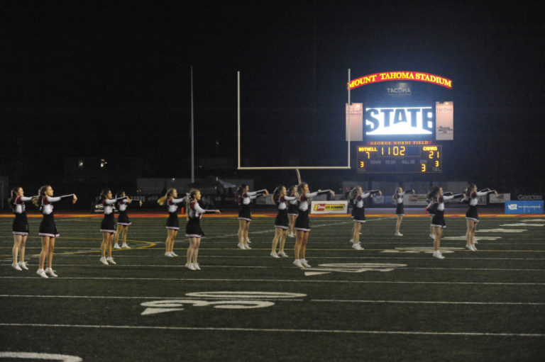 The Camas High School cheerleaders fire up the Papermakers faithful during halftime of the 4A state championship game at Mount Tahoma Stadium on Dec. 7.